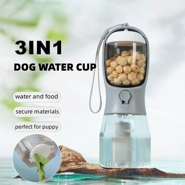 3-in-1 Portable Dog Water Bottle with Food Container & Waste Bag Dispenser